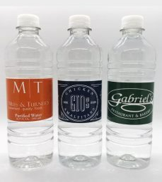 three promotional water bottles with custom business labels